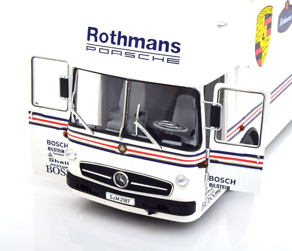 Mercedes-Benz O 317 Race Car Transporter Porsche Martini with Functional Loading Ramp 1:18 CMR
