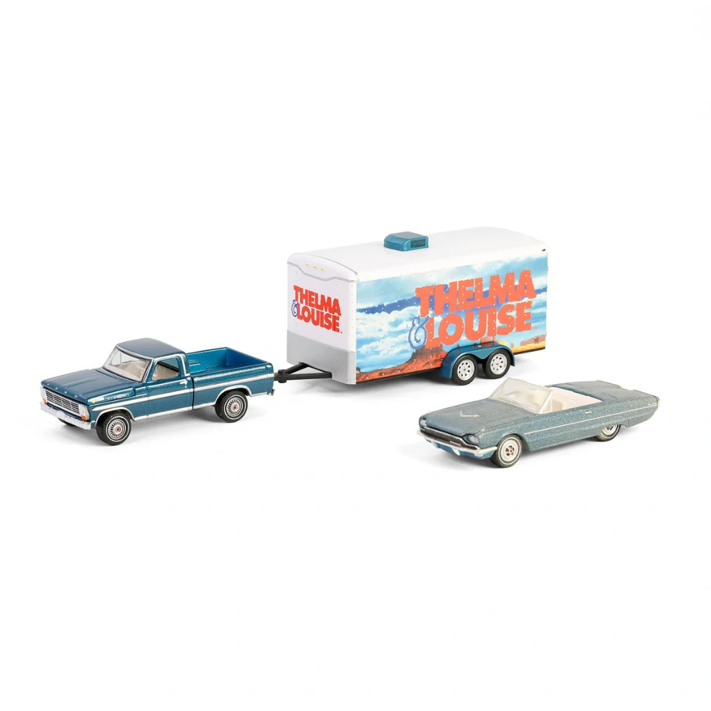 Ford Thunderbird 1966 Convertible Dust Covered (Top-down) With Ford F-250 1967 & Enclosed Car Hauler "Thelma & Louise (1991)" *Hollywood Hitch & Tow Series 13* 1:64 Greenlight
