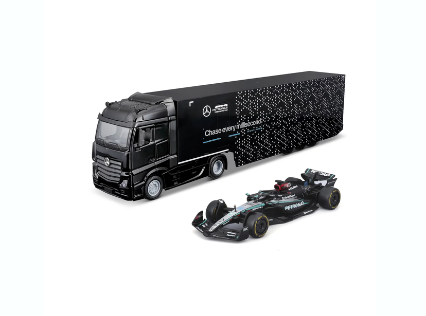 Mercedes-Benz Actros Truck + Trailer + Mercedes-AMG Petronas F1 W15 E Performance #63 G.Russell 2024 1:43 Bburago