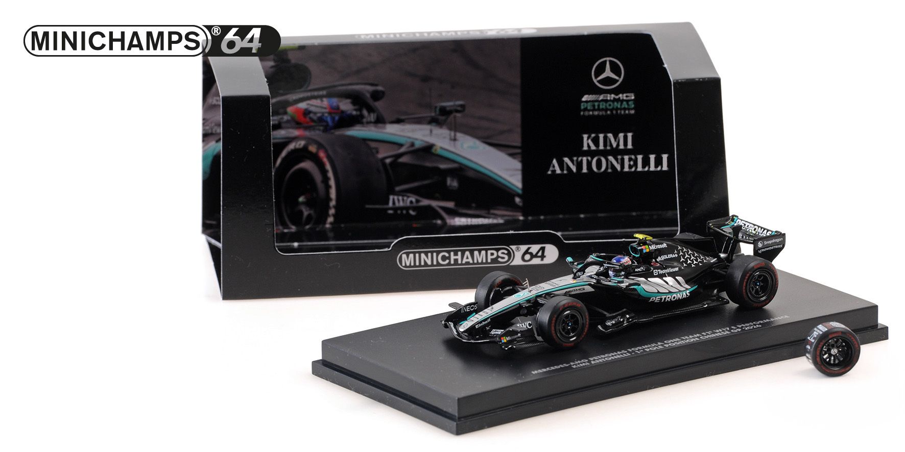 Mercedes-AMG Petronas F1 Team W17 #12 K.Antonelli 1st Pole Position and Winner Chinese GP 2026 with Pole Position Tyre 1:64 Minichamps