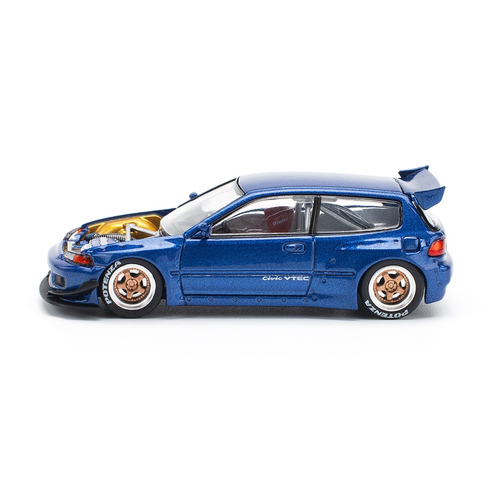Pandem Civic EG6 metallic blue with open hood 1:64 Pop Race