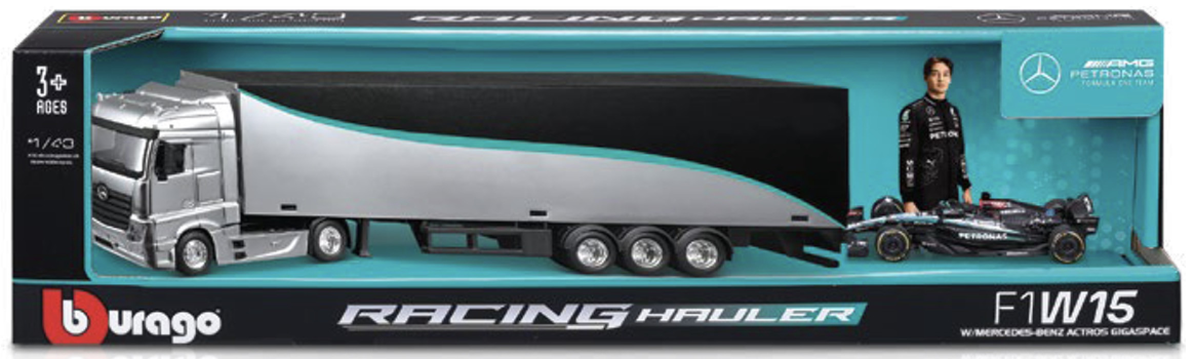 Mercedes-Benz Actros Truck + Trailer + Mercedes-AMG Petronas F1 W15 E Performance #63 G.Russell 2024 1:43 Bburago