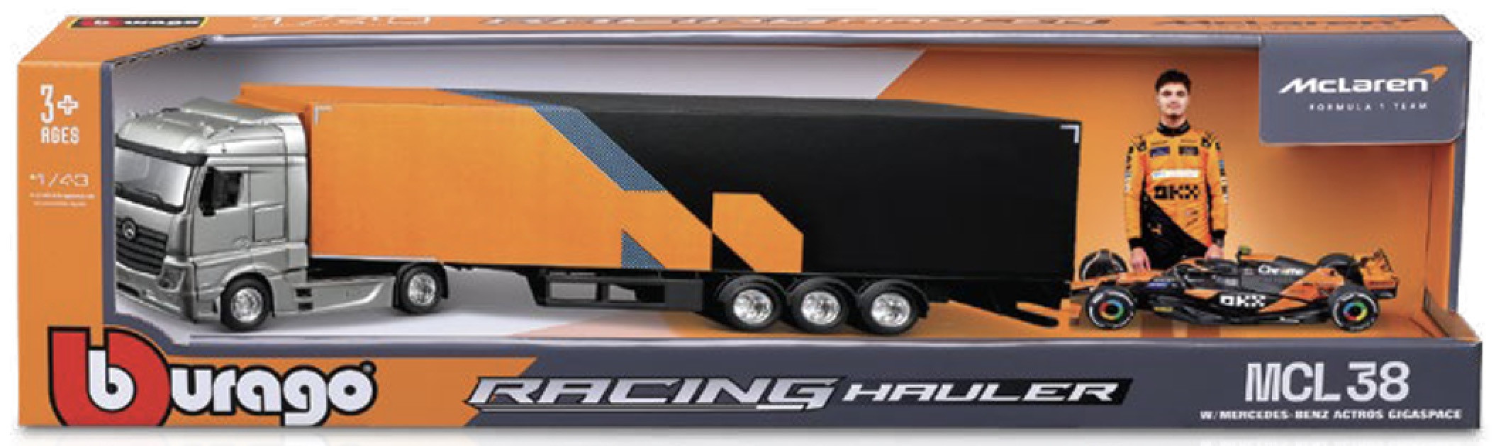 Mercedes-Benz Actros Truck + Trailer + Mclaren MCL 38 #4 L.Norris 2024 1:43 Bburago