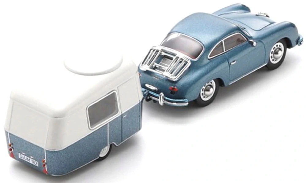 Porsche 356 Coupe with Trailer Eriba Roulotte 1955 blue/white 1:43 Schuco