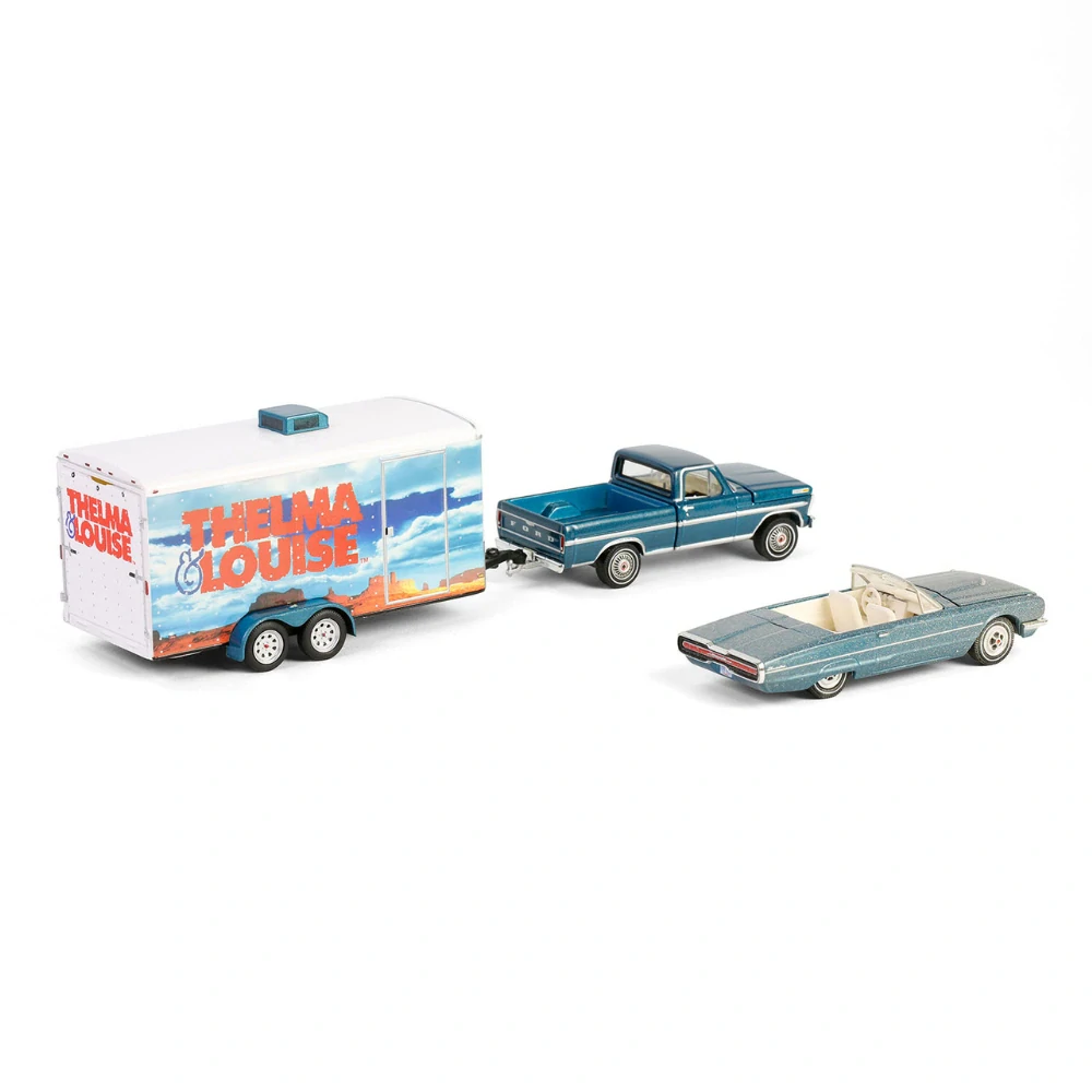 Ford Thunderbird 1966 Convertible Dust Covered (Top-down) With Ford F-250 1967 & Enclosed Car Hauler "Thelma & Louise (1991)" *Hollywood Hitch & Tow Series 13* 1:64 Greenlight