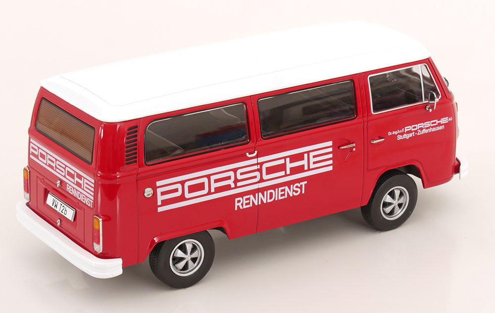 Volkswagen T2b Bus 1972 *Porsche Renndienst* red/white with Fuchs Rims 1:18 KK Scale