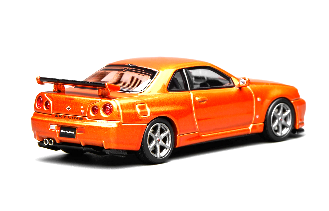 Nissan Skyline GT-R (R34) V-Spec II Coupe 1999 orange met 1:64 Motorhelix 