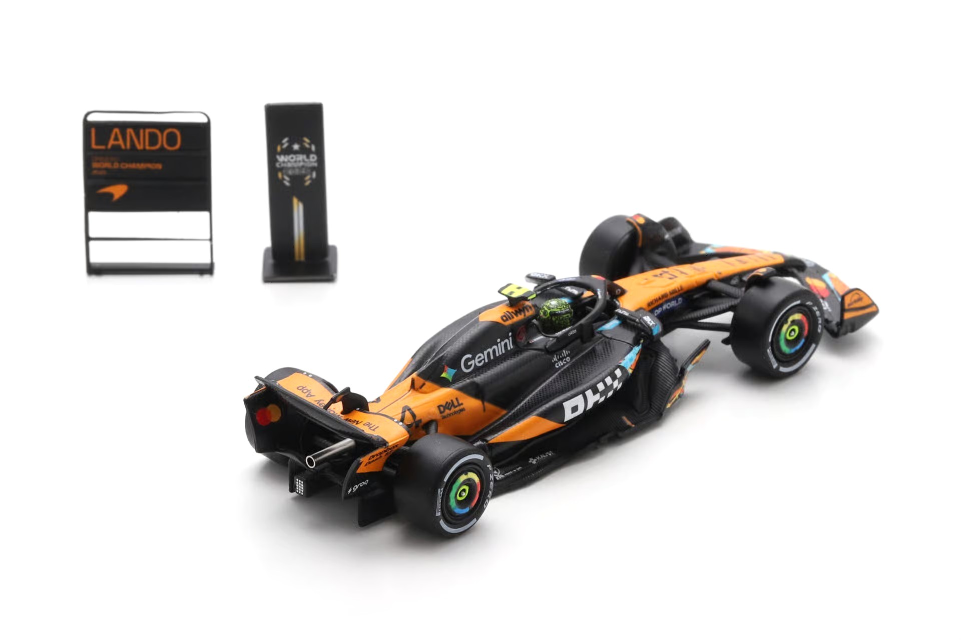 McLaren MCL39 #4 L.Norris 3rd Abu Dhabi GP 2025 F1 Driver's World Champion 2025 with Pit Board 1:64 Spark