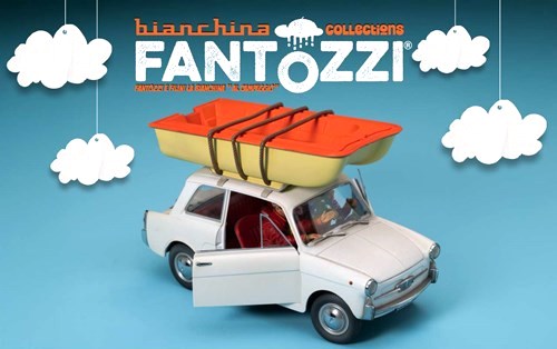 Autobianchi 4 Seats *TV-Series Fantozzi* 1983 with Figurines Fantozzi and Filini + Boat 1:18 CLC