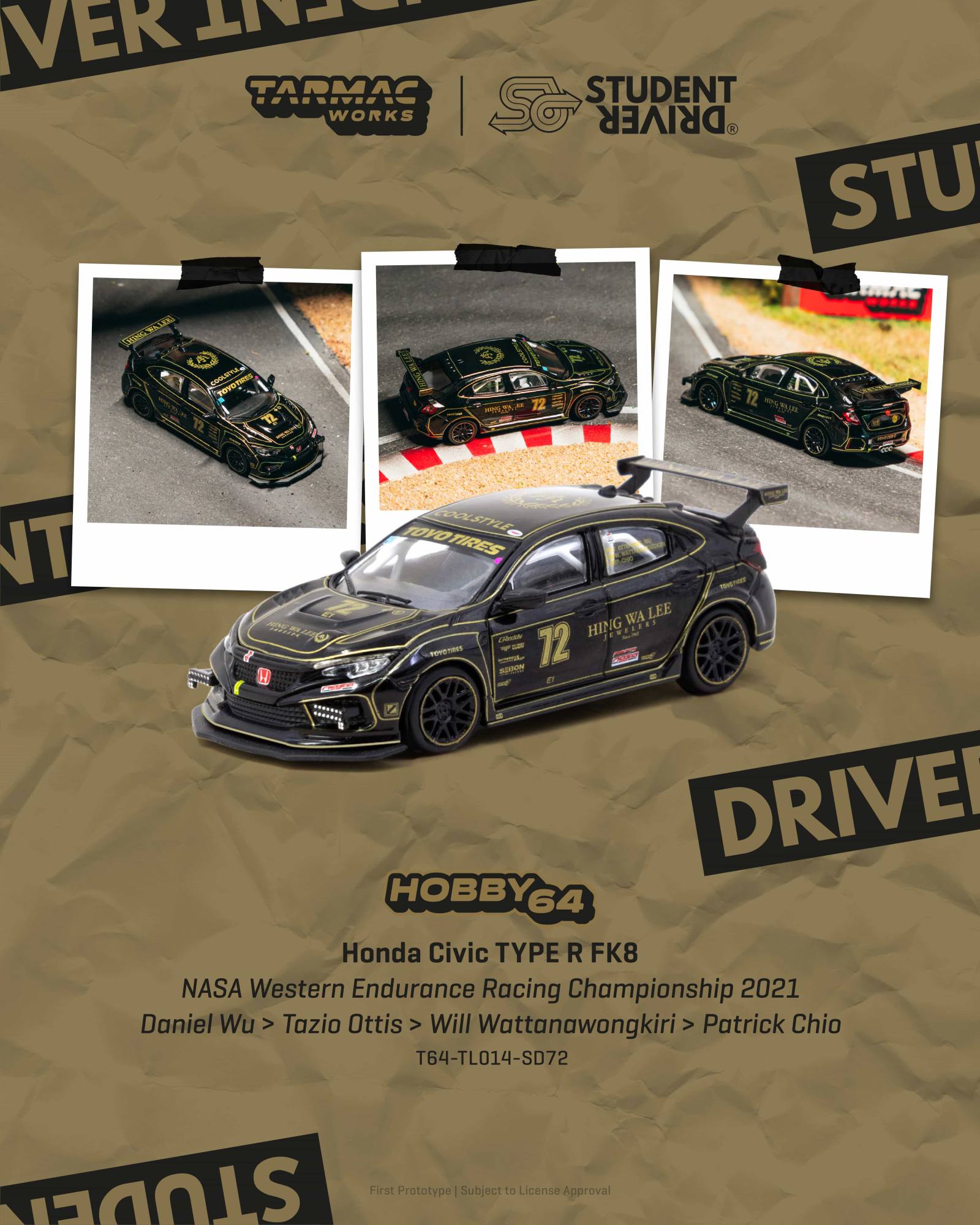 Honda Civic Type R FK8 #72 D.Wu/T.Ottis/W.Watanawongkiri/P.Chio NASA Western Endurance Racing Championship 2021 black 1:64 Tarmac