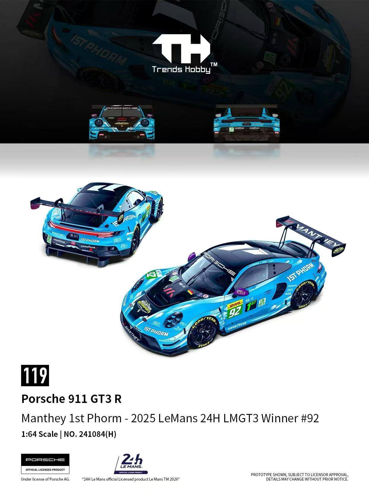 Porsche 911 GT3 R Manthey 1st Phorm #92 R.Hardwick/R.Lietz/R.Pera Winner LMGT3 24H Le Mans 2025 1:64 Trends Hobby