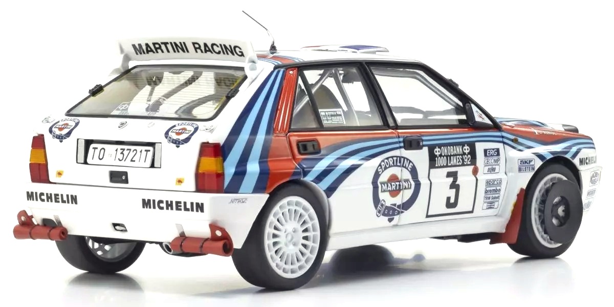 Lancia Delta HF Integrale Evoluzione Martini #3 Auriol/Occelli Winner Rally 1000 Lakes 1992 night version 1:18 Kyosho