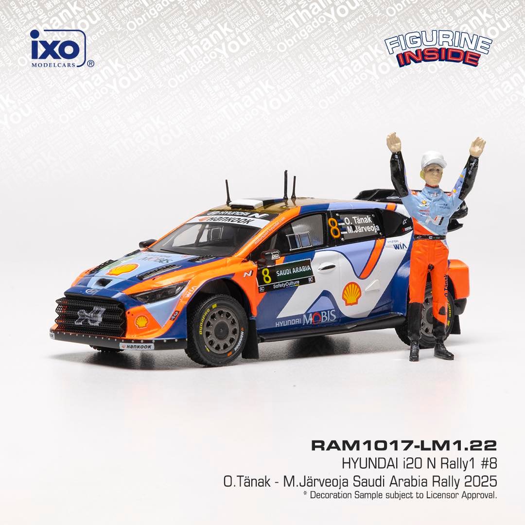Hyundai i20 N Rally1 Team Shell MOBIS WRT#8 Tänak/Järveoja Rally Saudi Arabia 2025 + 2 Figurines 1:43 Ixo Models