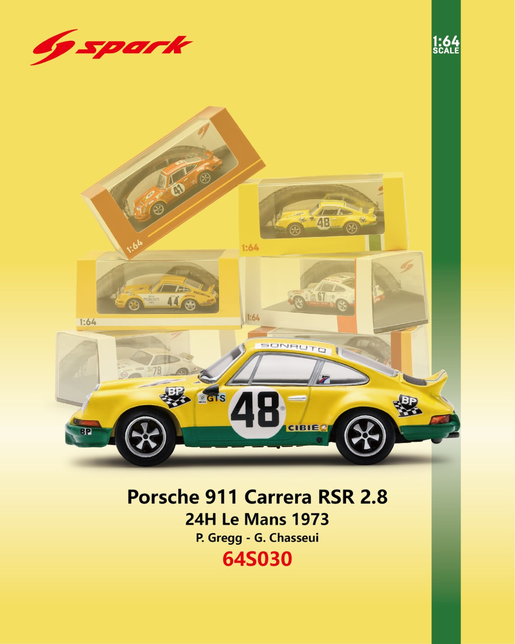 Porsche 911 Carrera RSR 2.8 #48 P.Gregg/G.Chasseui 24H Le Mans 1973 1:64 Spark