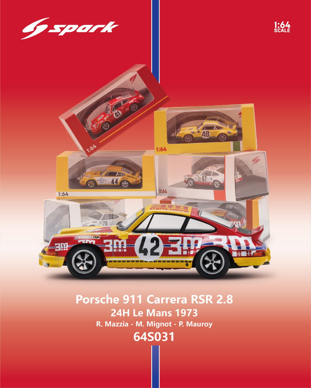 Porsche 911 Carrera RSR 2.8 #42 R.Mazzia/M.Mignot/P.Mauroy 24H Le Mans 1973 1:64 Spark