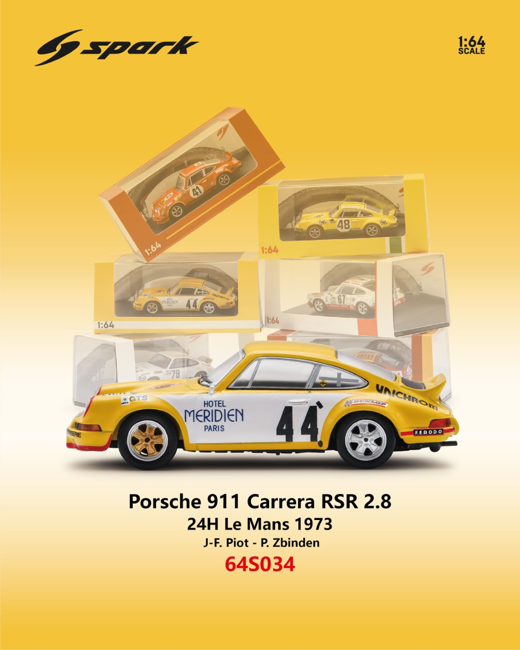 Porsche 911 Carrera RSR 2.8 #44 J-F.Piot/P.Zbinden 24H Le Mans 1973 1:64 Spark