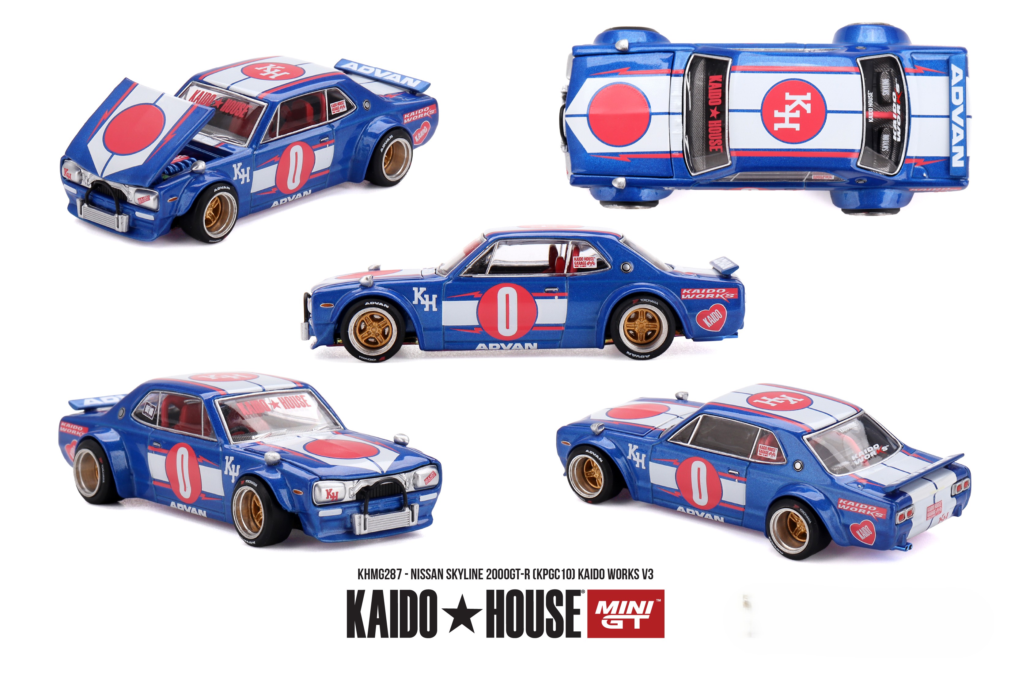 Nissan Skyline 2000GT-R (KPGC10) Kaido Works V3 1969 blue/red/white 1:64 Mini GT