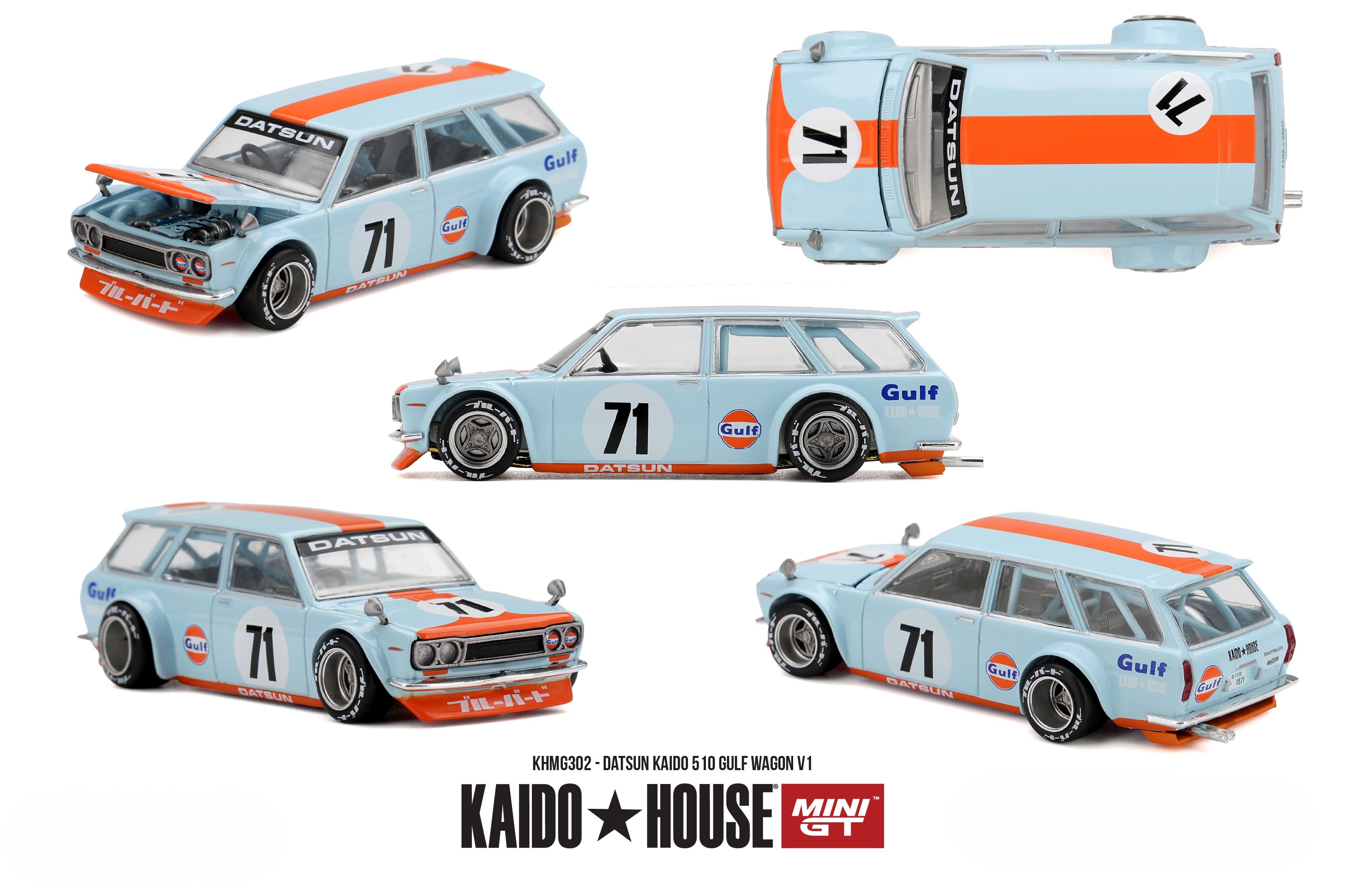 Datsun 510 1969 Kaido Gulf Wagon V1 blue/orange 1:64 Mini GT