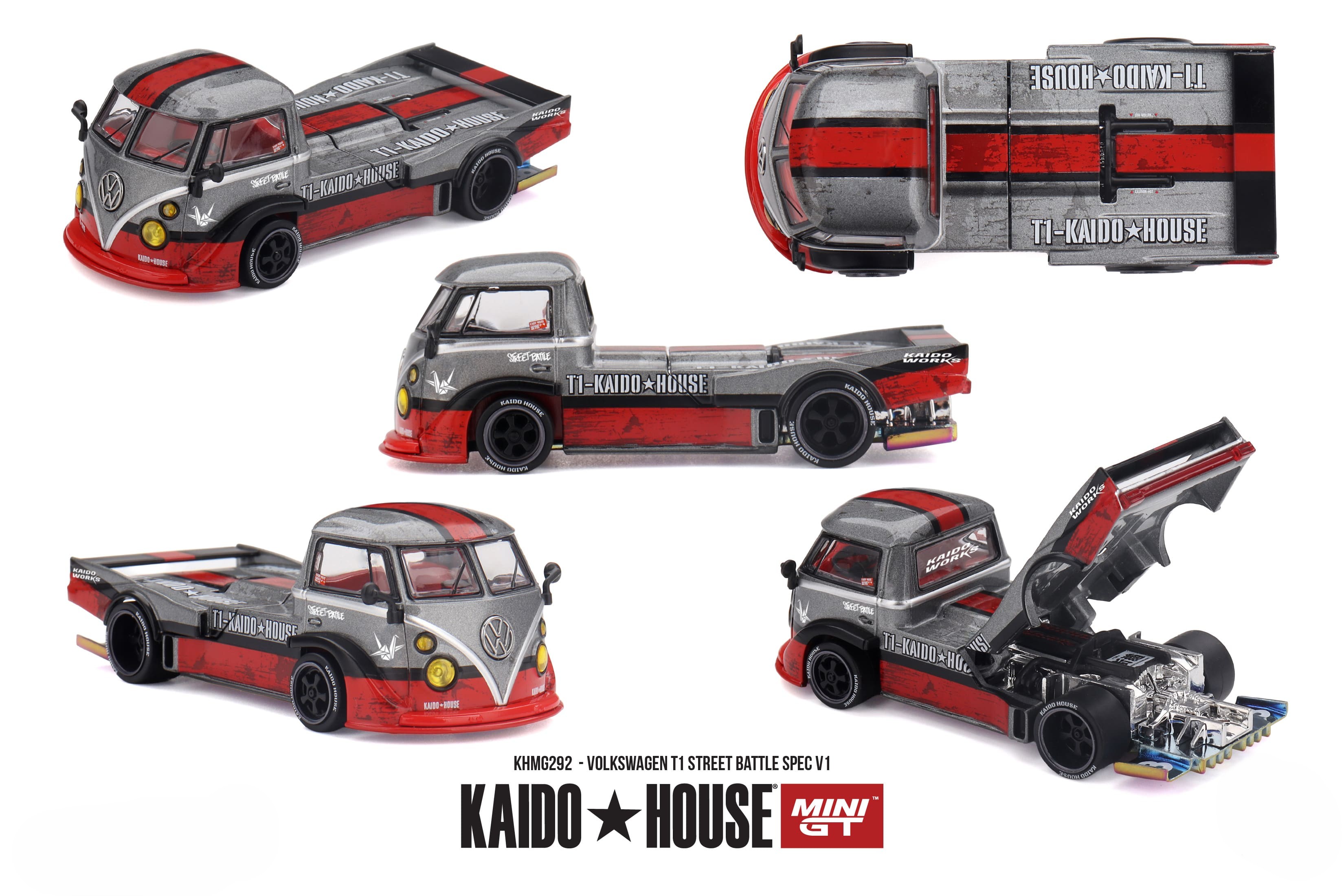 Volkswagen T1 Pickup Street Battle Spec V1 1972 grey/red 1:64 Mini GT