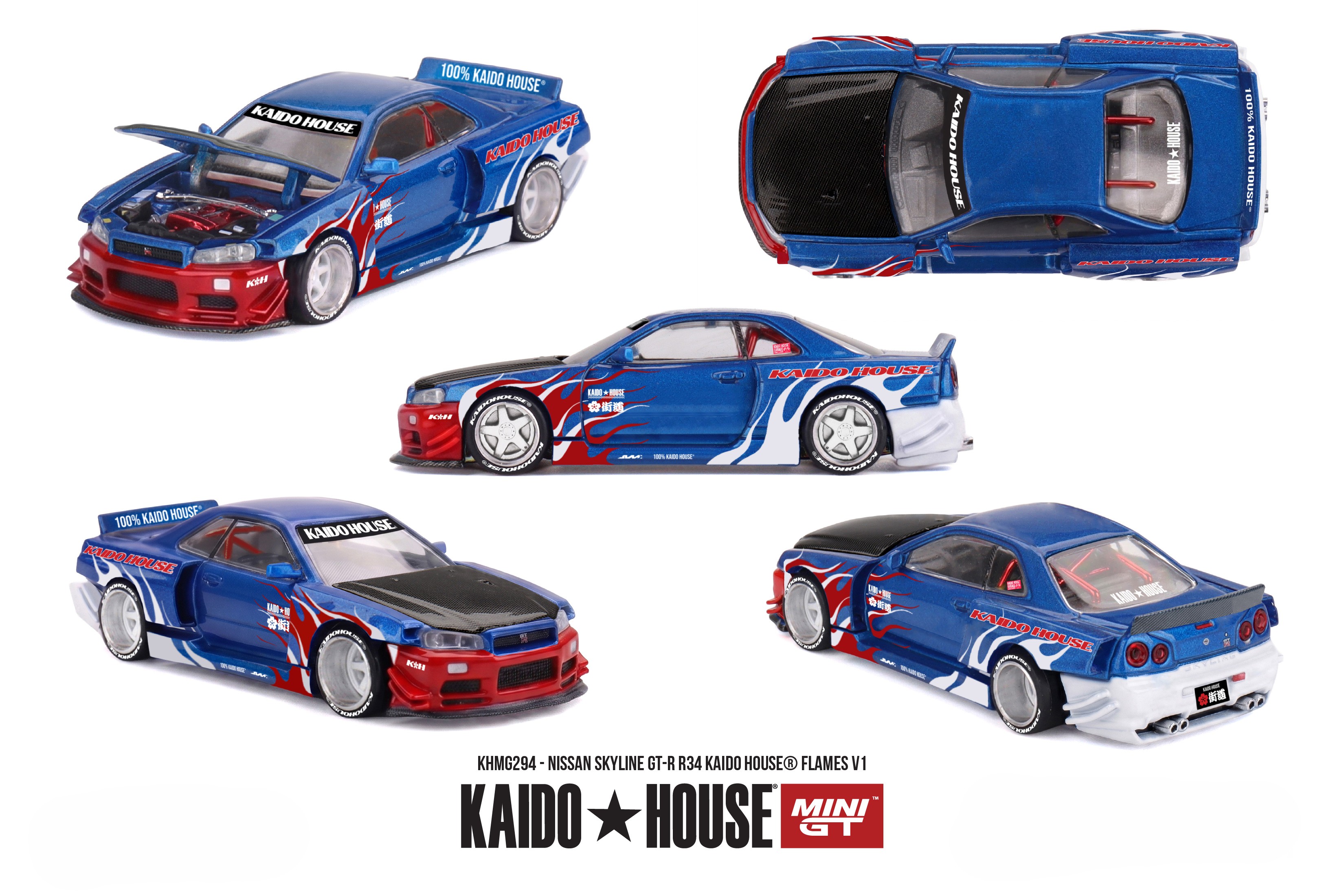 Nissan Skyline GT-R (R34) 1999 Kaido ★ House Flames V1 1:64 Mini GT