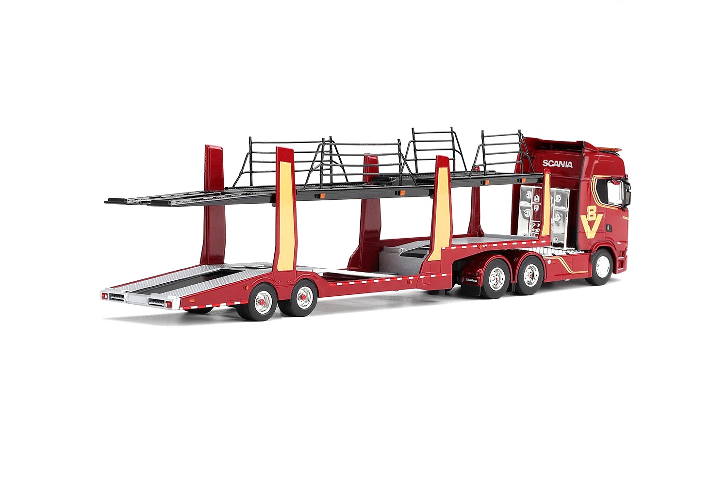 Scania 770S A6x4NA Car Transporter V8 *50th Anniversary* + Car Transporter red 1:64 Mini GT