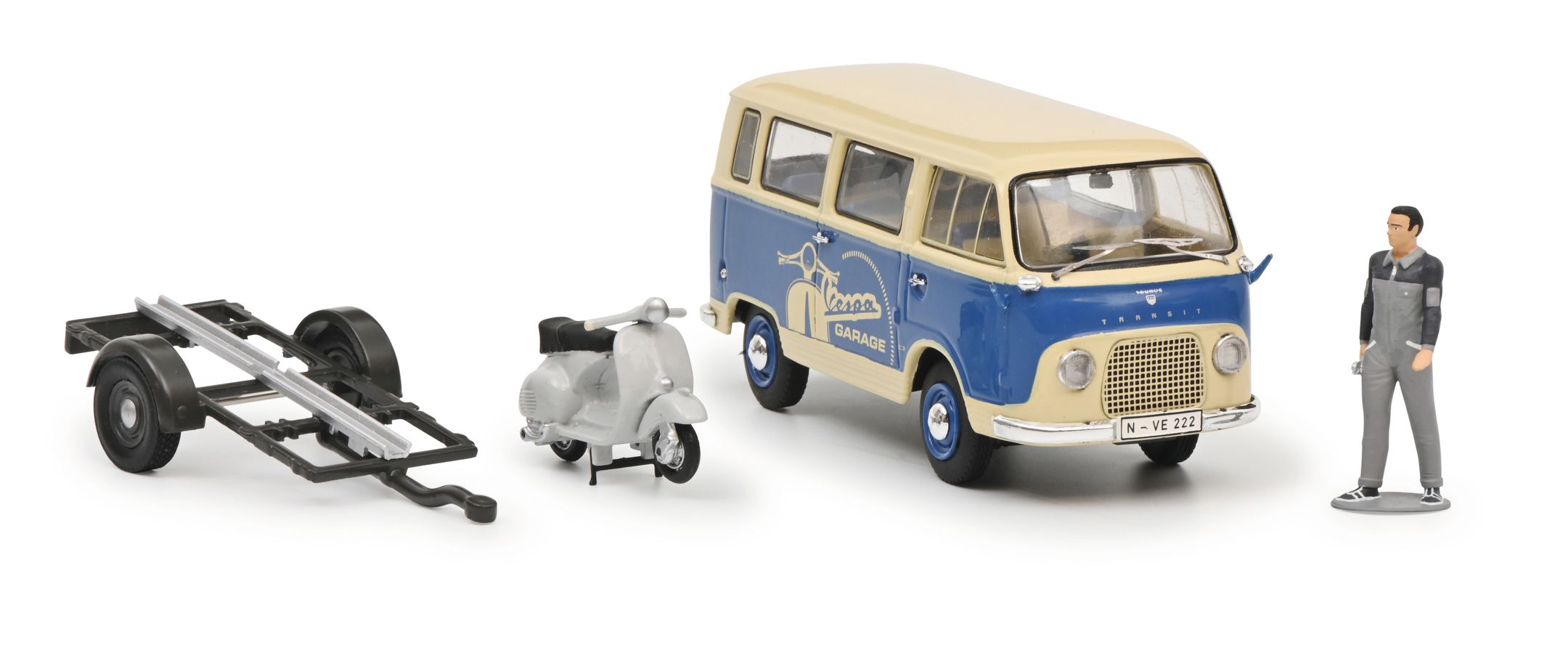Ford FK 1000 Bus with Trailer and Vespa GS and Figurine *VESPA* 1:43 Schuco