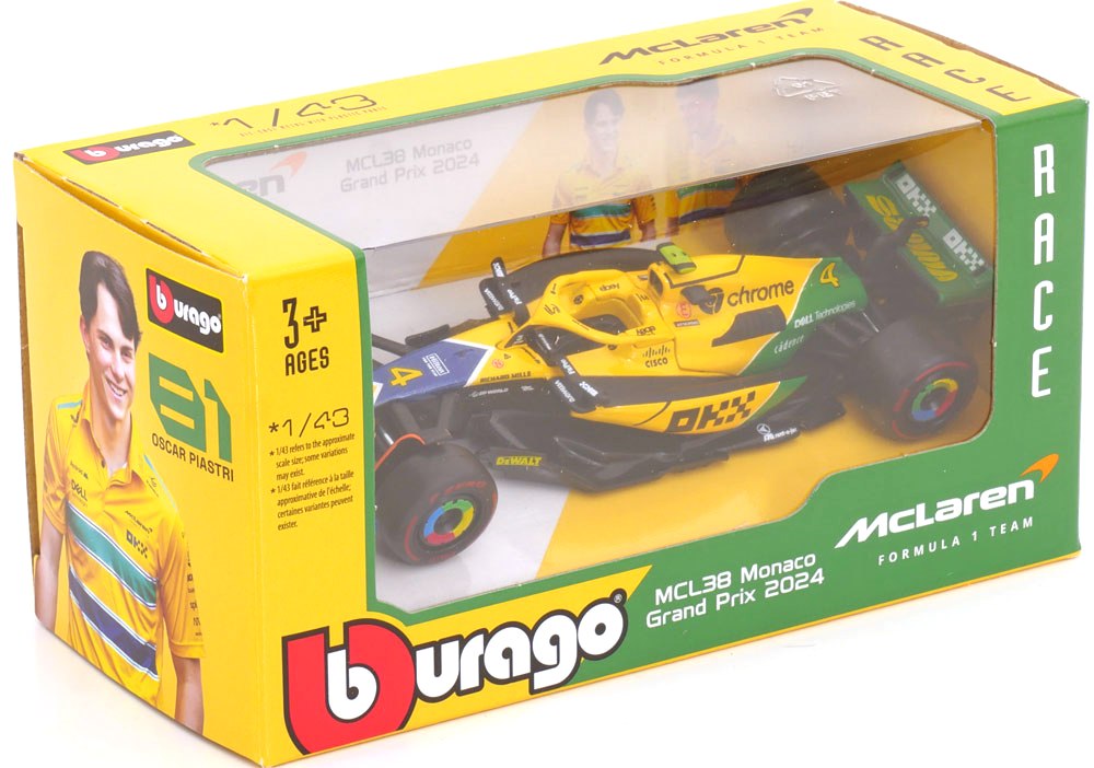 McLaren MCL 38 #4 L.Norris 4th Monaco GP Senna 30th Anniversary Livery 2024 1:43 Bburago
