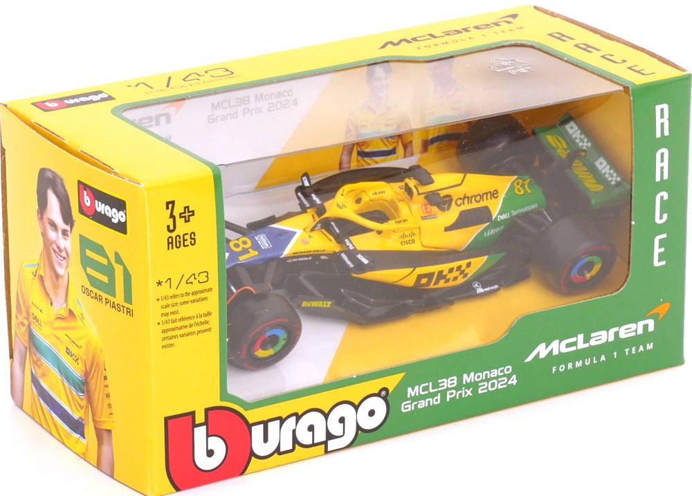 McLaren MCL 38 #81 O.Piastri 2nd Monaco GP Senna 30th Anniversary Livery 2024 1:43 Bburago