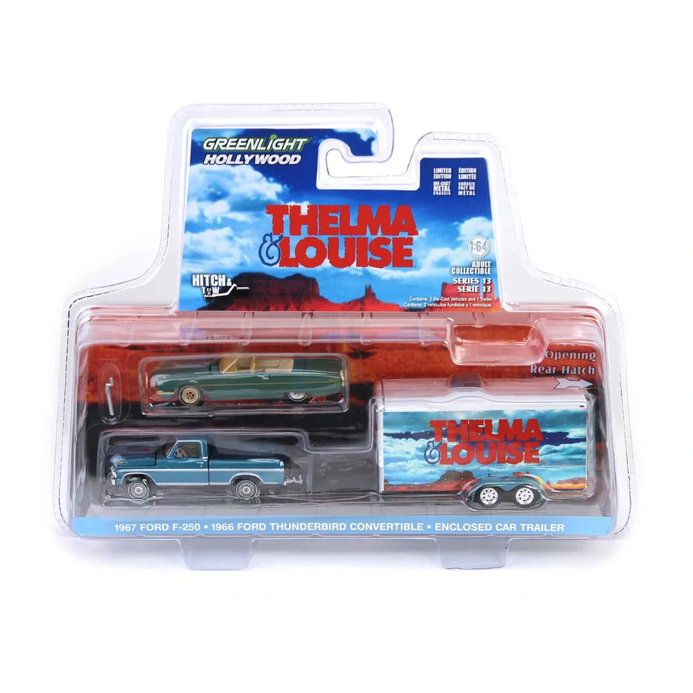 Ford Thunderbird 1966 Convertible Dust Covered (Top-down) With Ford F-250 1967 & Enclosed Car Hauler "Thelma & Louise (1991)" *Hollywood Hitch & Tow Series 13* 1:64 Greenlight