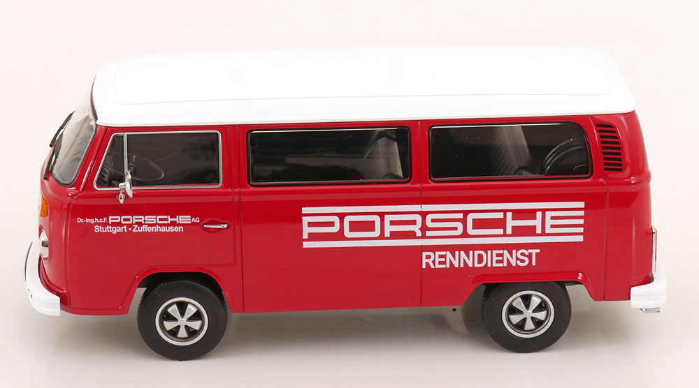 Volkswagen T2b Bus 1972 *Porsche Renndienst* red/white with Fuchs Rims 1:18 KK Scale