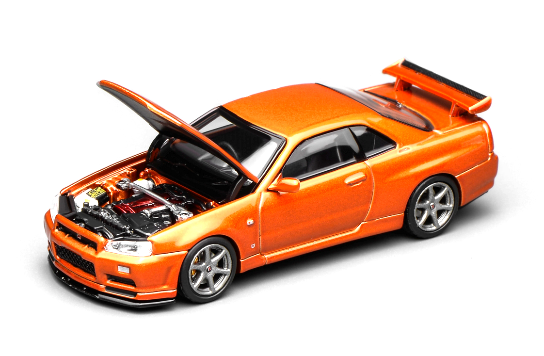 Nissan Skyline GT-R (R34) V-Spec II Coupe 1999 orange met 1:64 Motorhelix 