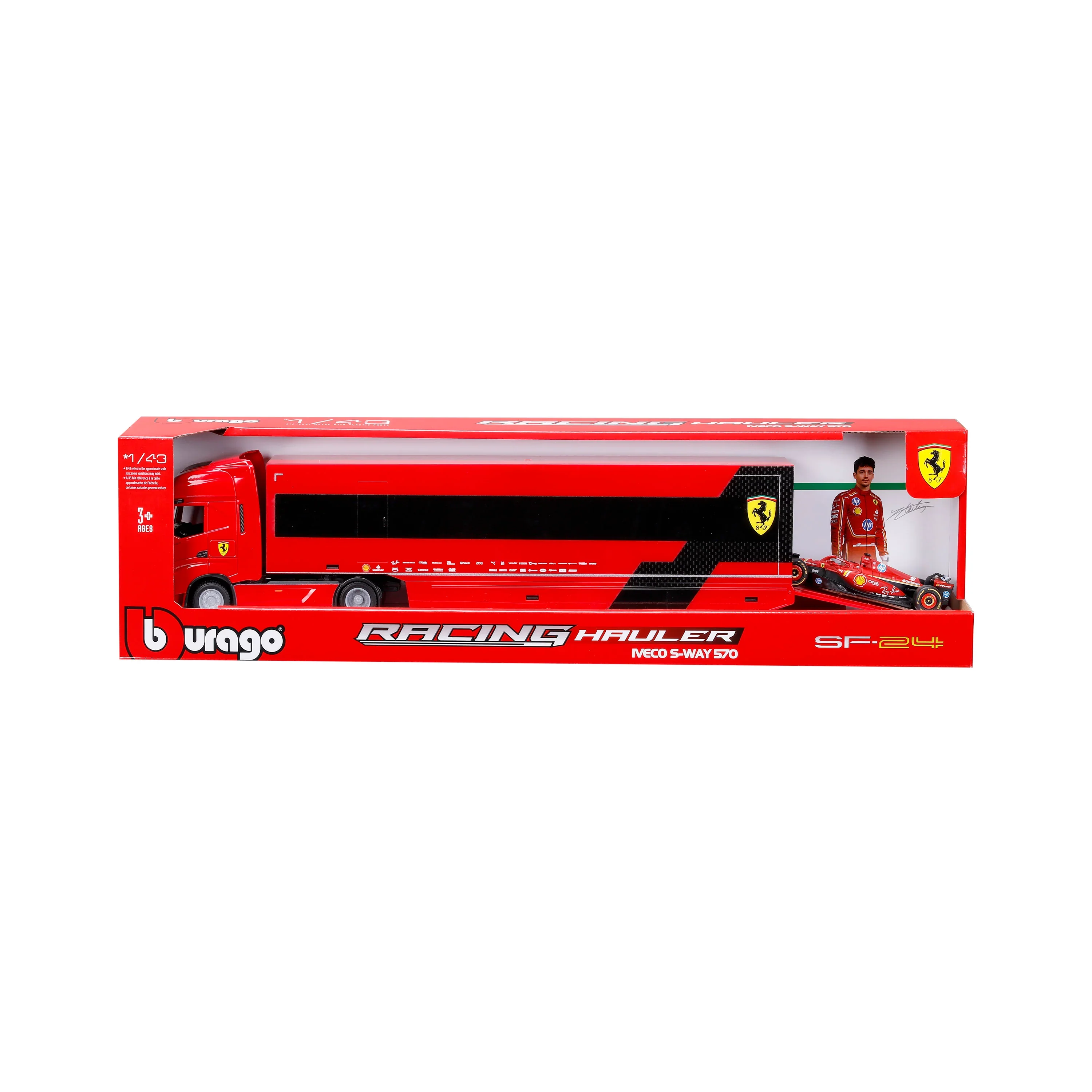Set - Iveco S-WAY 570 Racing Transporter + Ferrari SF-23 #16 Charles Leclerc 2023 1:43 Bburago