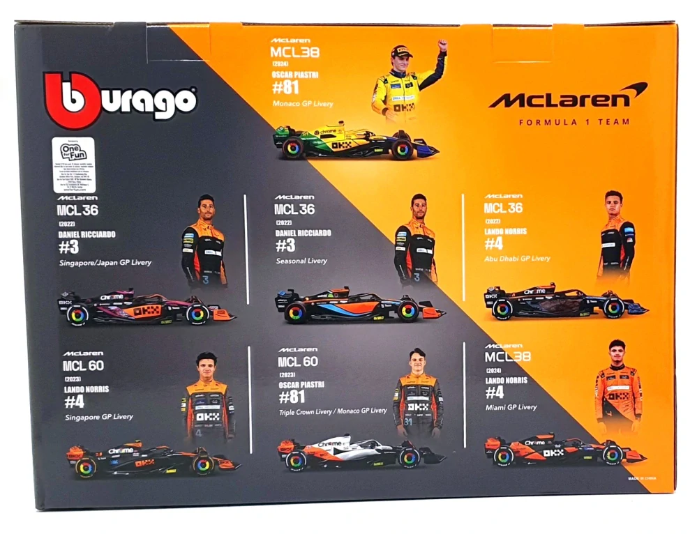 McLaren Set - MCL36 #4 2022-2X #3 Ricciardo-MCL60 #4 2023-MCL60 #81 2023-MCL38 #4+#81 Monaco GP 1:43 Bburago