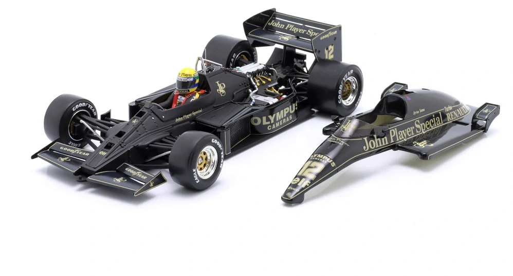 Lotus F1 97T Renault Turbo Team Lotus JPS #12 A.Senna Monaco GP 1985 with Engine Details 1:18 Werk83