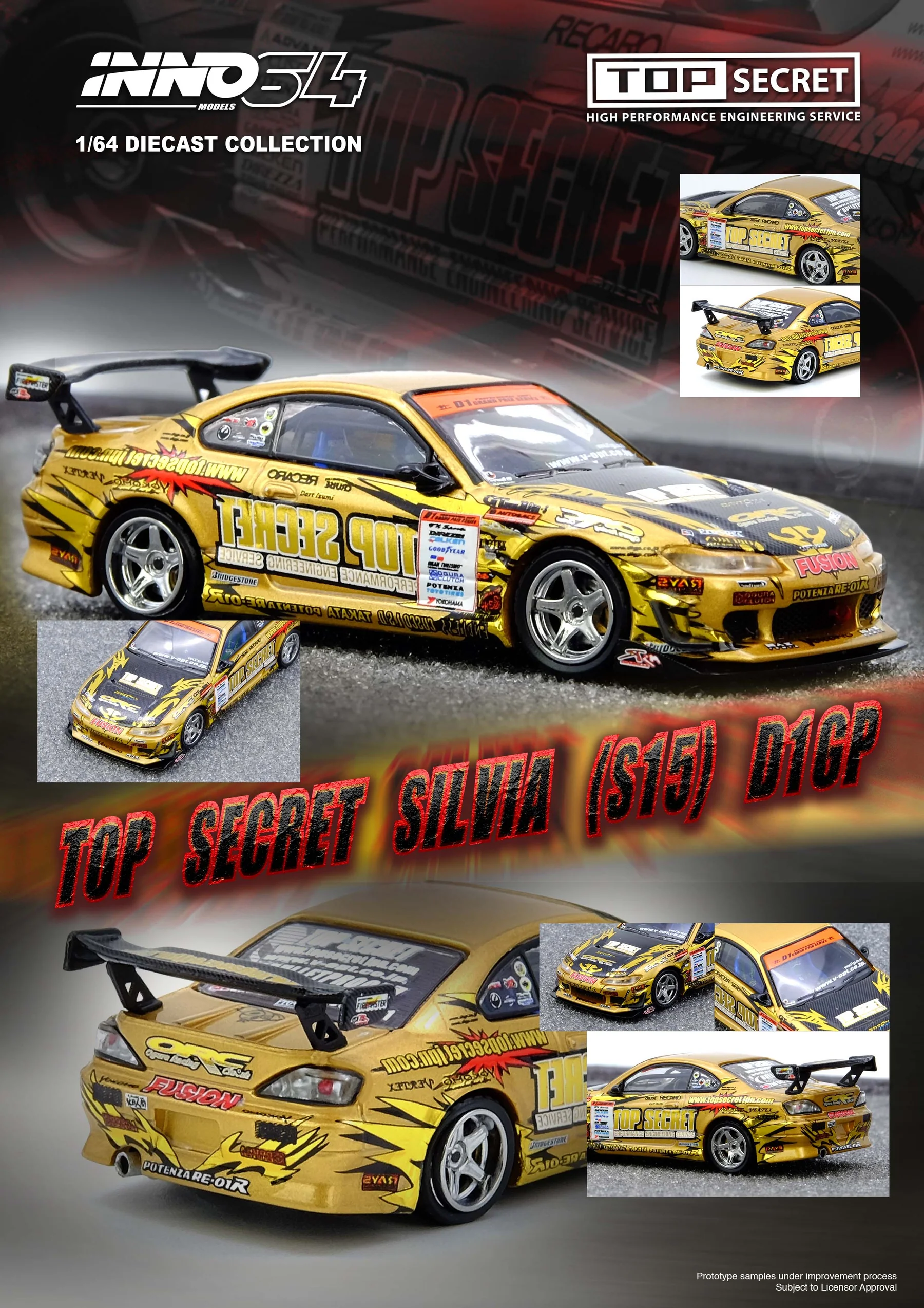 Nissan Top Secret Silvia (S15) D1 Grand Prix Series Champion 2004 gold 1:64 Inno Models