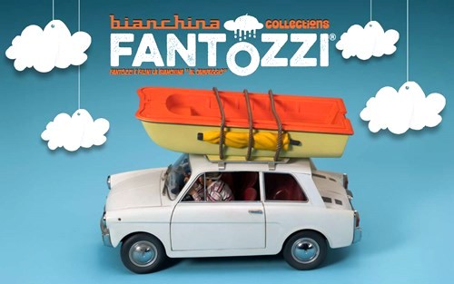 Autobianchi 4 Seats *TV-Series Fantozzi* 1983 with Figurines Fantozzi and Filini + Boat 1:18 CLC