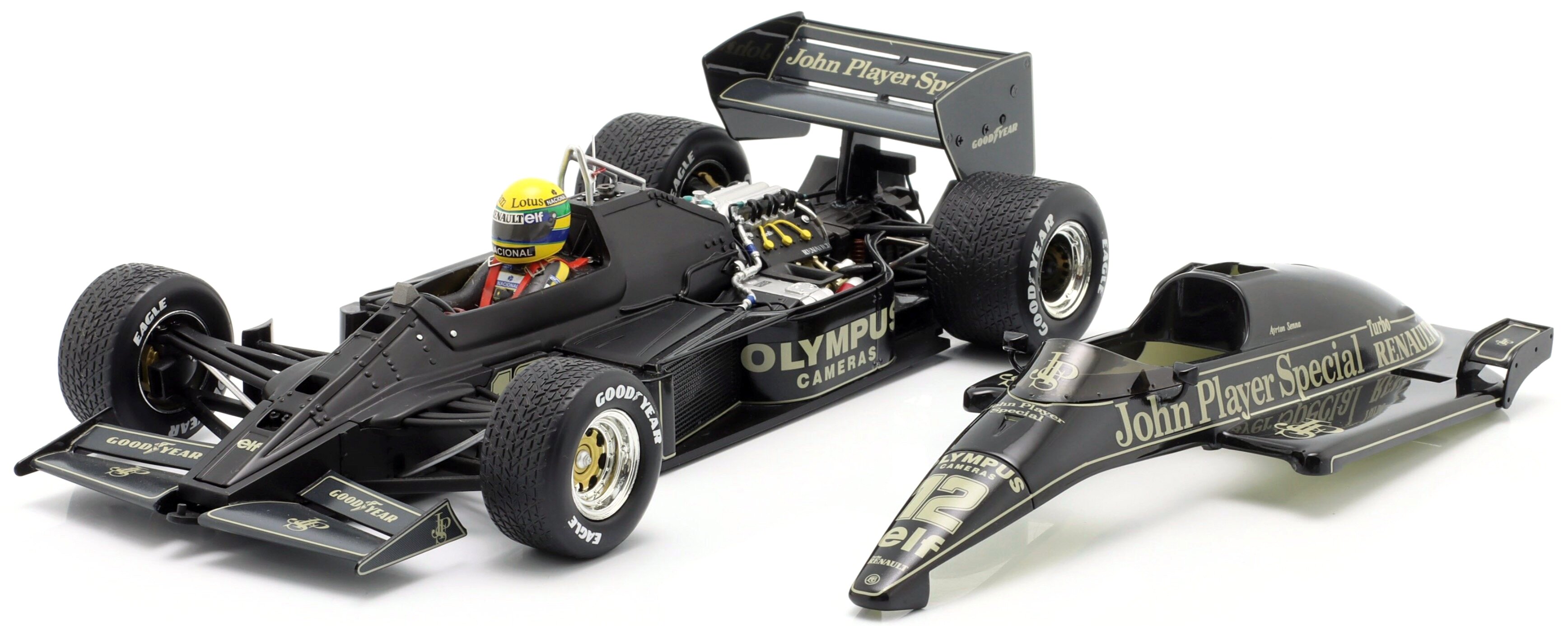 Lotus Renault 97T #12 Ayrton Senna GP Portugal 1985 Tabacco Decals Already Applied on the Car + Opening Body Cover 1:18 Premium X