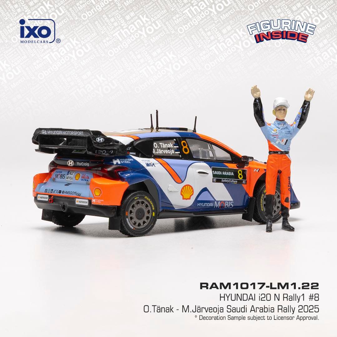 Hyundai i20 N Rally1 Team Shell MOBIS WRT#8 Tänak/Järveoja Rally Saudi Arabia 2025 + 2 Figurines 1:43 Ixo Models