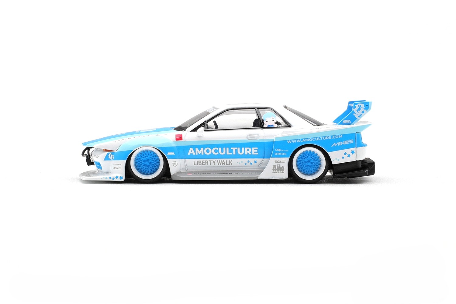 Nissan Skyline GTR (R32) LBWK Kaido Works Amoculture 2026 white/blue 1:64 Mini GT
