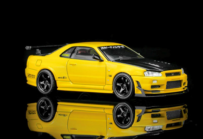 Nissan Skyline GT-R (R34) Customized With GT Aero Kit lightning yellow 1:64 Motorhelix