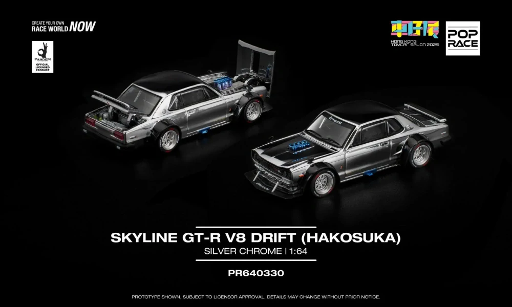 Nissan Skyline GT-R V8 Drift Hakosuka silver chrome 1:64 Pop Race Limited