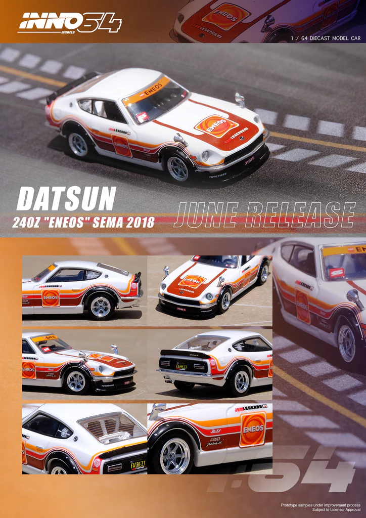 Datsun 240Z *Eneos* Sema Show 2018 white/brown/yellow/red 1:64 Inno Models