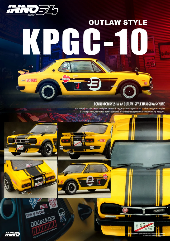 Nissan Skyline 2000 GT-R (KPGC10) "Outlaw-Style Hakosuka Skyline" By Peter Landan yellow/black 1:64 Inno Models
