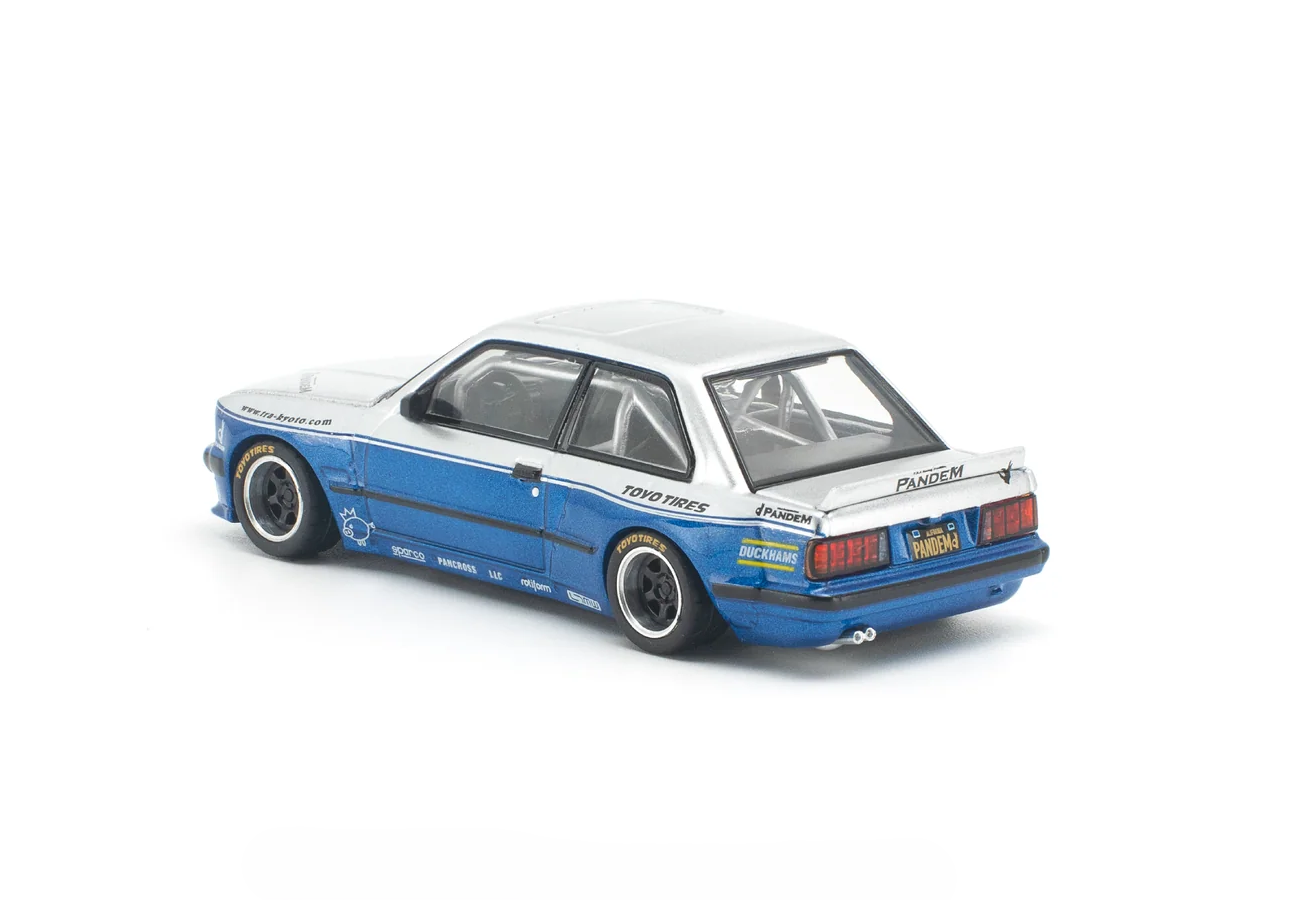 BMW E30 Pandem silver/blue 1:64 Pop Race Limited