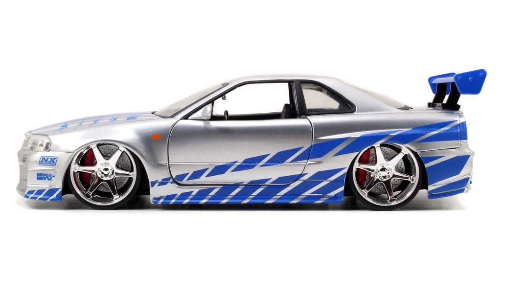 Nissan Skyline GTR R34 *Fast and Furious* 2002 silver with blue stripes 1:24 Jada Toys