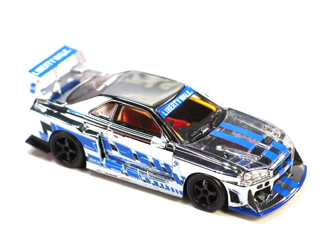 Nissan ER34 Skyline chrome silver/blue 1:64 Street Weapon