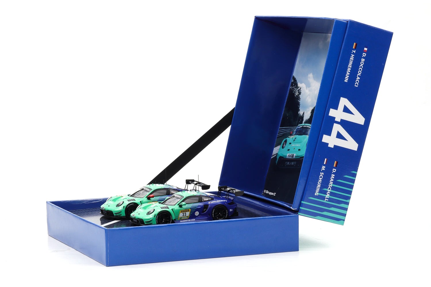 2 Cars Set: Porsche 911 GT3 R Falken Motorsports #44 + #33 24H Nürburgring 2025 1:43 Ixo Models