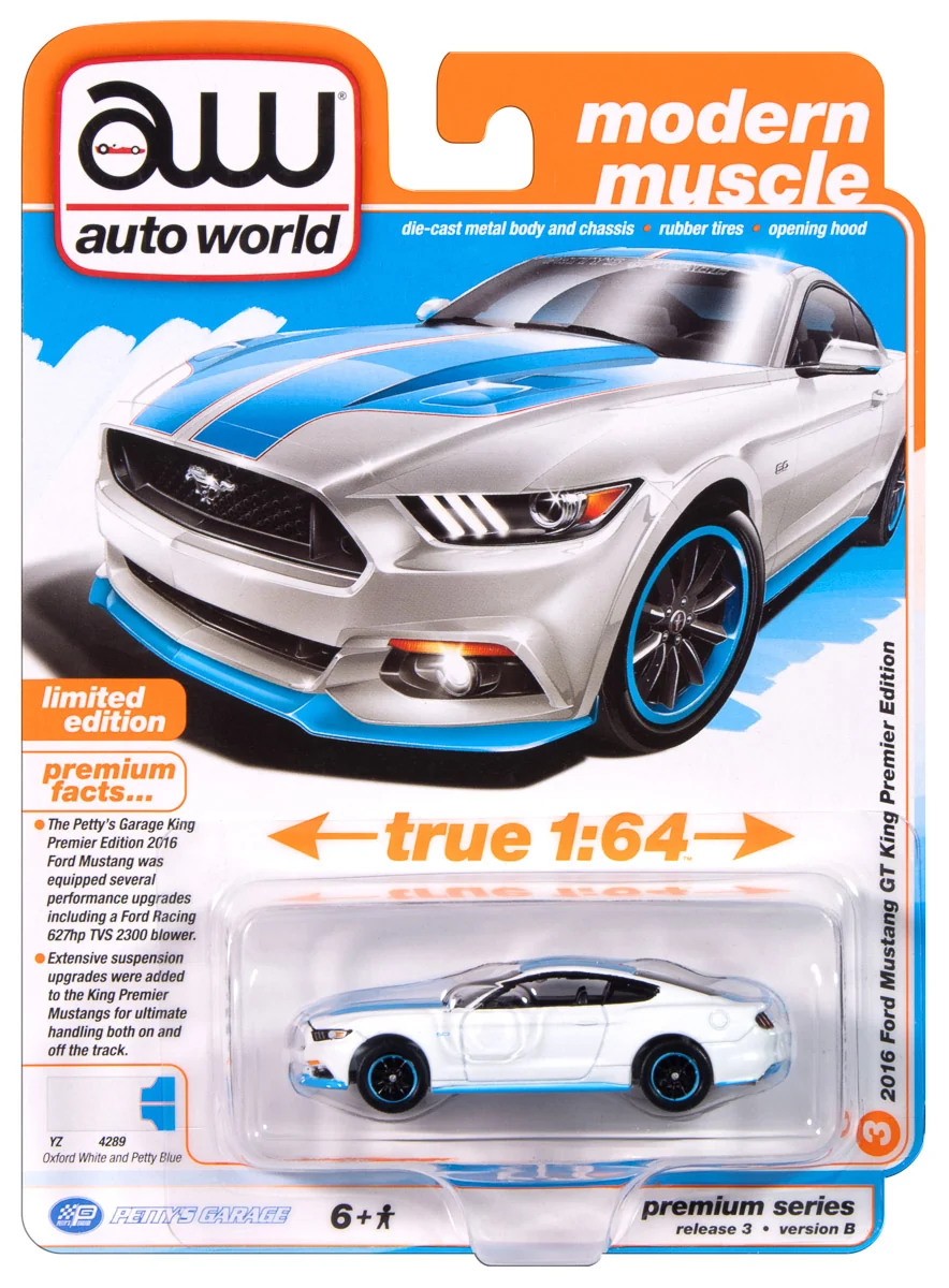 Ford Mustang GT Petty's Garage King Premier Edition 2016 *Modern Muscle* white/blue 1:64 Auto World