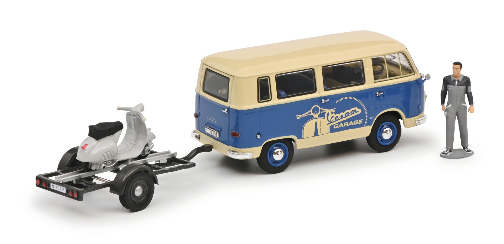 Ford FK 1000 Bus with Trailer and Vespa GS and Figurine *VESPA* 1:43 Schuco