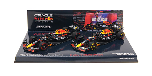 Set 2 Cars - Oracle Red Bull Racing RB19 M.Verstappen World Champion Qatar Sprint & GP 2023 1:43 Minichamps